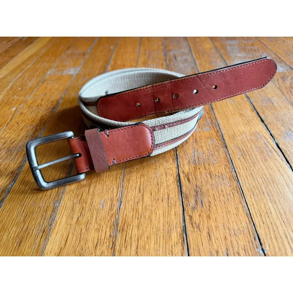 Fish Themed Wide Tan Cotton/Leather Belt Mens sz 40